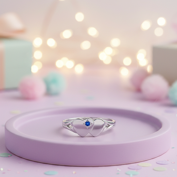 My Little Angel Double Heart Signet Ring with Blue Stone in Sterling Silver