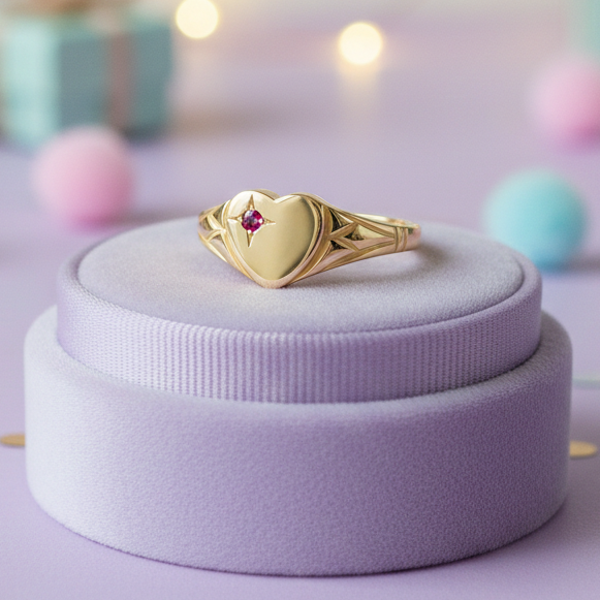My Little Angel Signet Ring with Red Stone in 9ct Yellow Gold