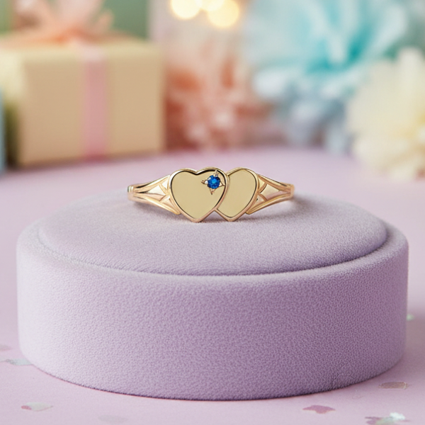 My Little Angel Double Heart Signet Ring with Blue Stone in 9ct Yellow Gold