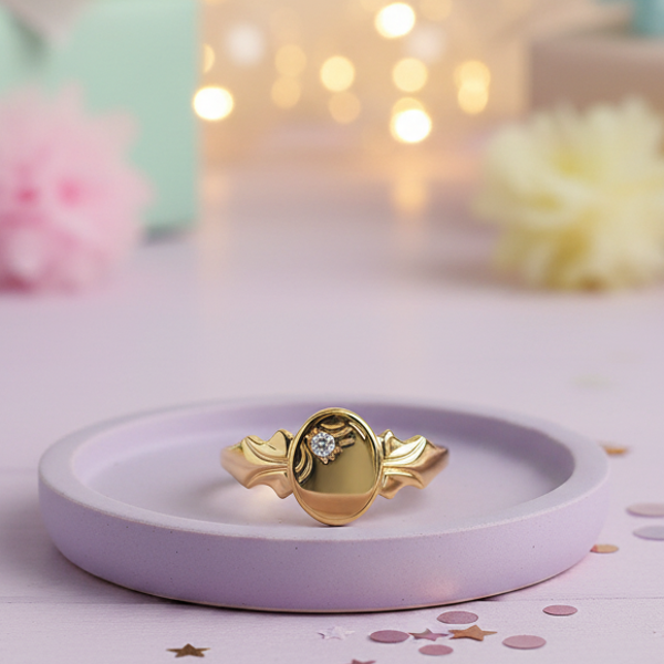 My Little Angel Oval Signet Ring with Diamond in 9ct Yellow Gold