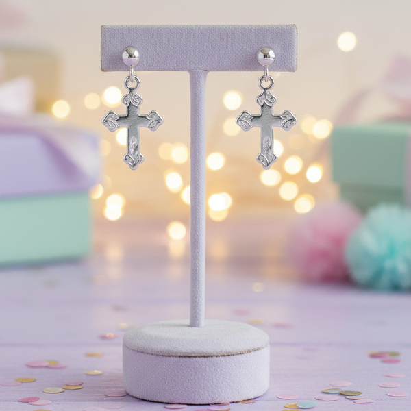 My Little Angel Cross Stud Drop Earrings in Sterling Silver