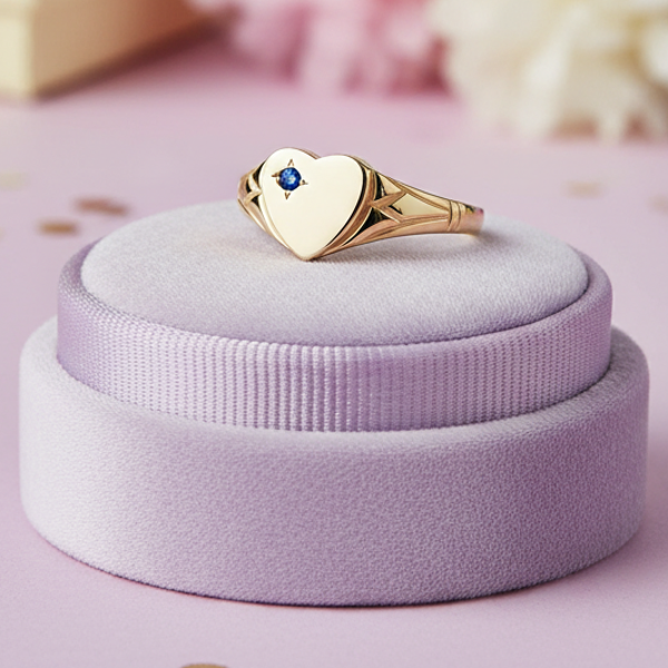 My Little Angel Signet Ring with Blue Stone in 9ct Yellow Gold