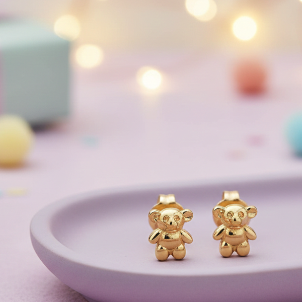 My Little Angel Teddy Bear Stud Earrings in 9ct Yellow Gold