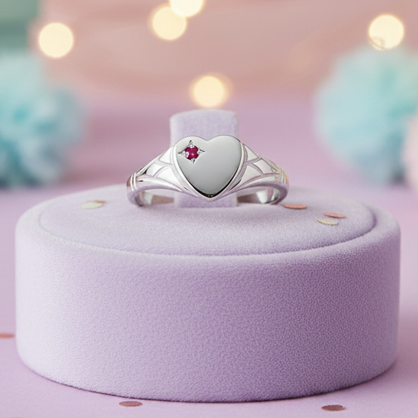 My Little Angel Signet Ring with Red Stone in Sterling Silver