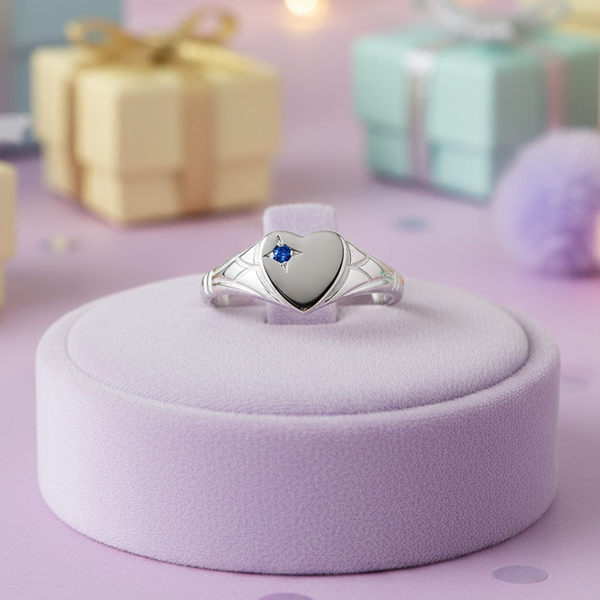 My Little Angel Signet Ring with Blue Stone in Sterling Silver