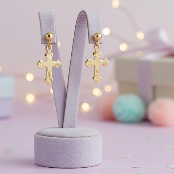 My Little Angel Cross Stud Drop Earrings in 9ct Gold