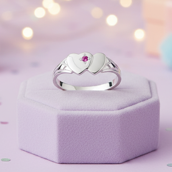 My Little Angel Double Heart Signet Ring with Red Stone in Sterling Silver