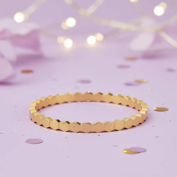 Seren Stainless Steel Waterproof 4MM Hexagonal Pattern Bangle 18K Yellow Gold Plated