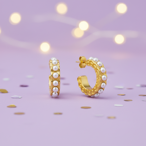 Seren Stainless Steel Waterproof 18K Gold Plated Inset Pearl Hoop Earrings