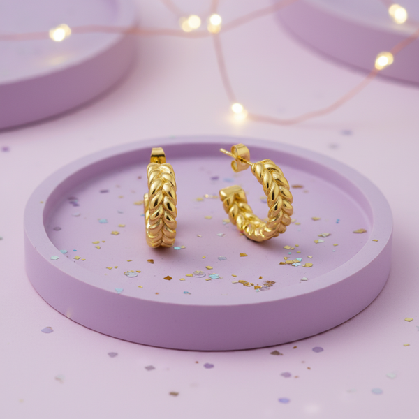 Seren Stainless Steel Waterproof 18K Gold Plated Double Plait Hoop Earrings