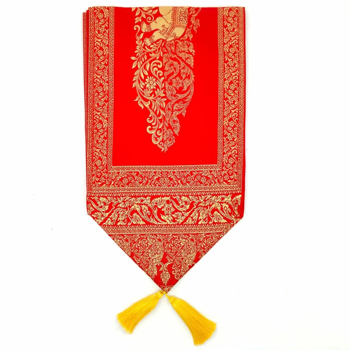 Rode Stoffen loper met kwastjes & olifantenpatroon 23x200cm