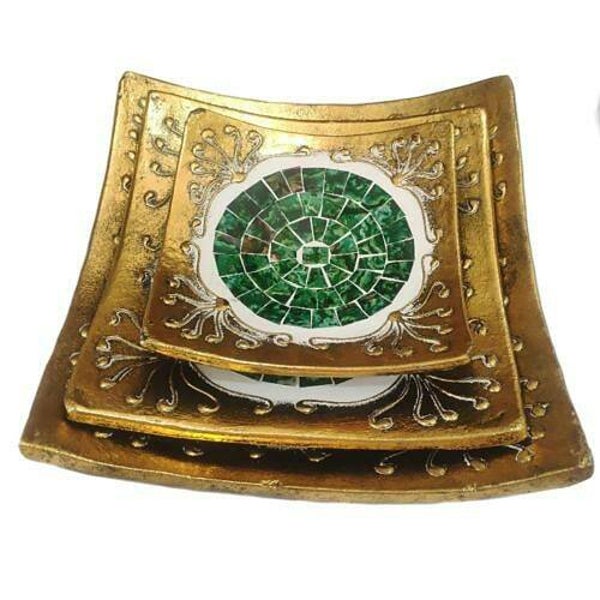 Set van 3 goudkleurige borden, groen mozaïek