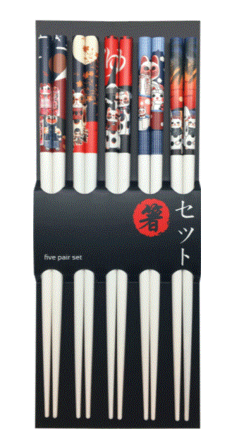Setje chopsticks, eetstokjes, van hout 5 stuks 22,5 cm lang - gelukskatten