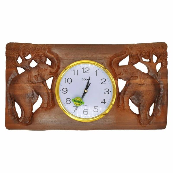 Teakhouten wandklok met Thais uitgesneden olifanten