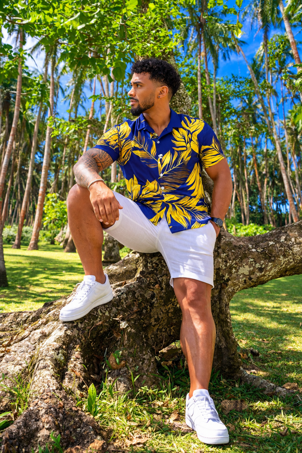 Chemise Bleu Royal – Feuillage Doré 🇷🇪