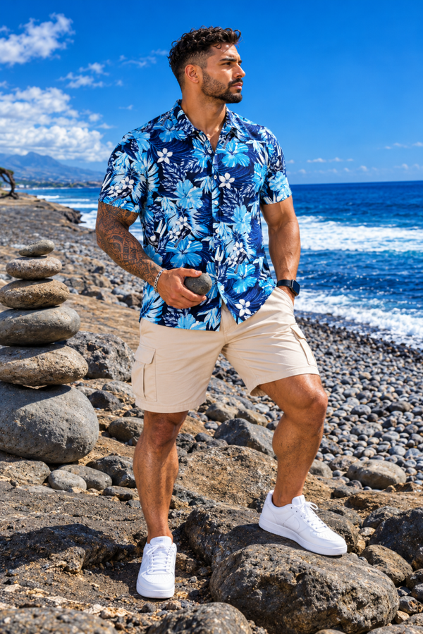 Chemise Évasion Bleue – Fleurs des Tropiques 🌊