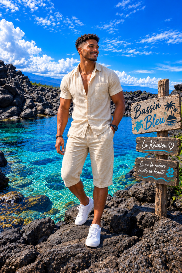 Pantacourt Homme Effet Lin Beige 🇷🇪