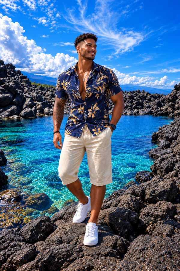 Ensemble Homme Tropical & Pantacourt Beige Effet Lin 🇷🇪