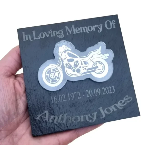 Personalised Biker memorial plaque Motorbike Grave marker slate Funeral gift Son Dad Friend any name