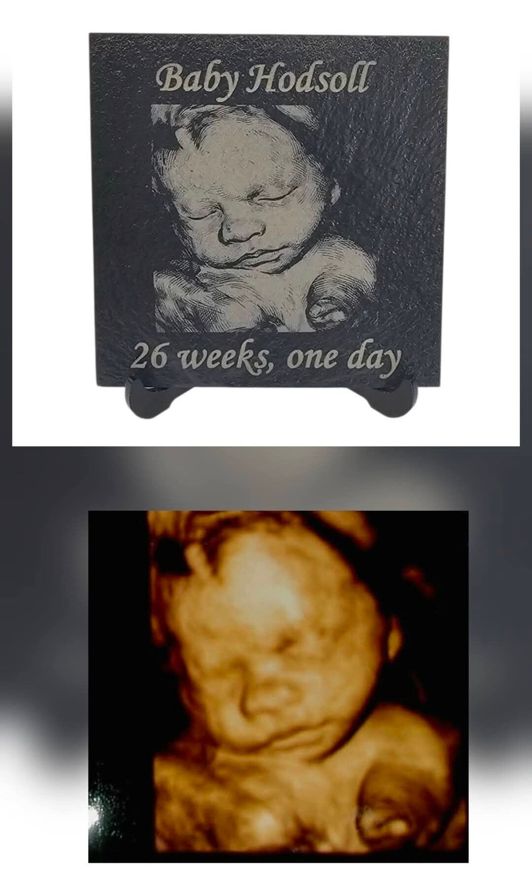BABY SCAN PHOTO ENGRAVED ONTO SLATE PLAQUE 4D ULTRASOUND 12 WEEKS AND MORE