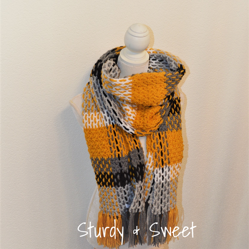 gehaakte weefsjaal grijs okergeel