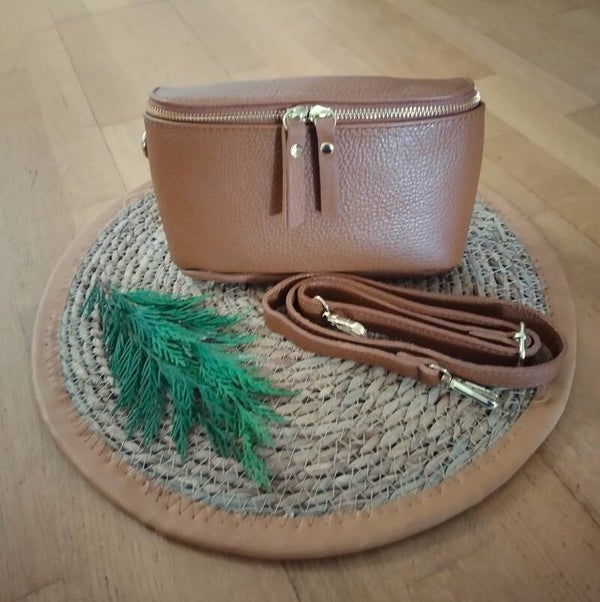 Leren crossbody bag camel met gouden rits
