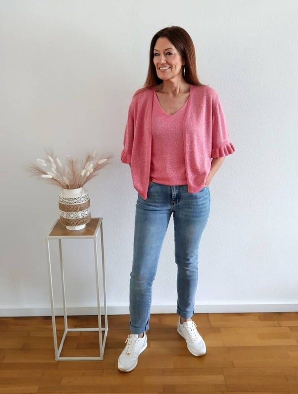 Lurex vest van Triple Nine met 3/4 mouw en ruffles koraal