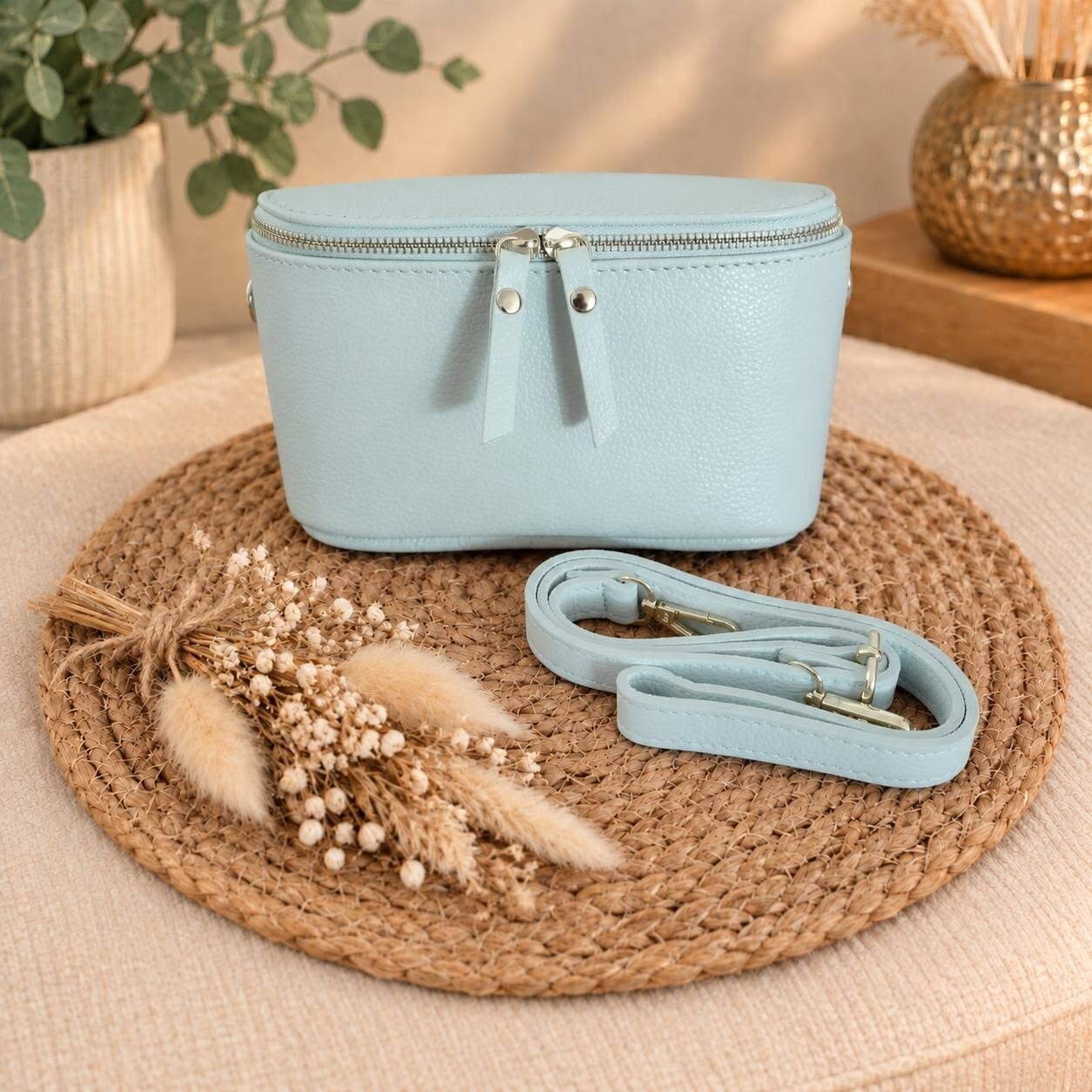 Leren crossbody bag beige met gouden rits