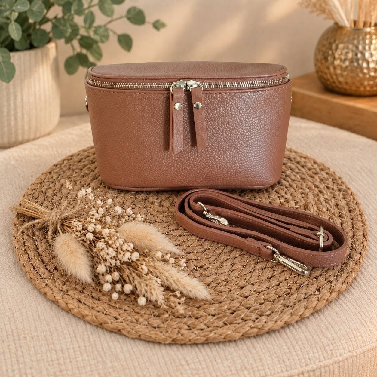 Leren crossbody bag camel met gouden rits