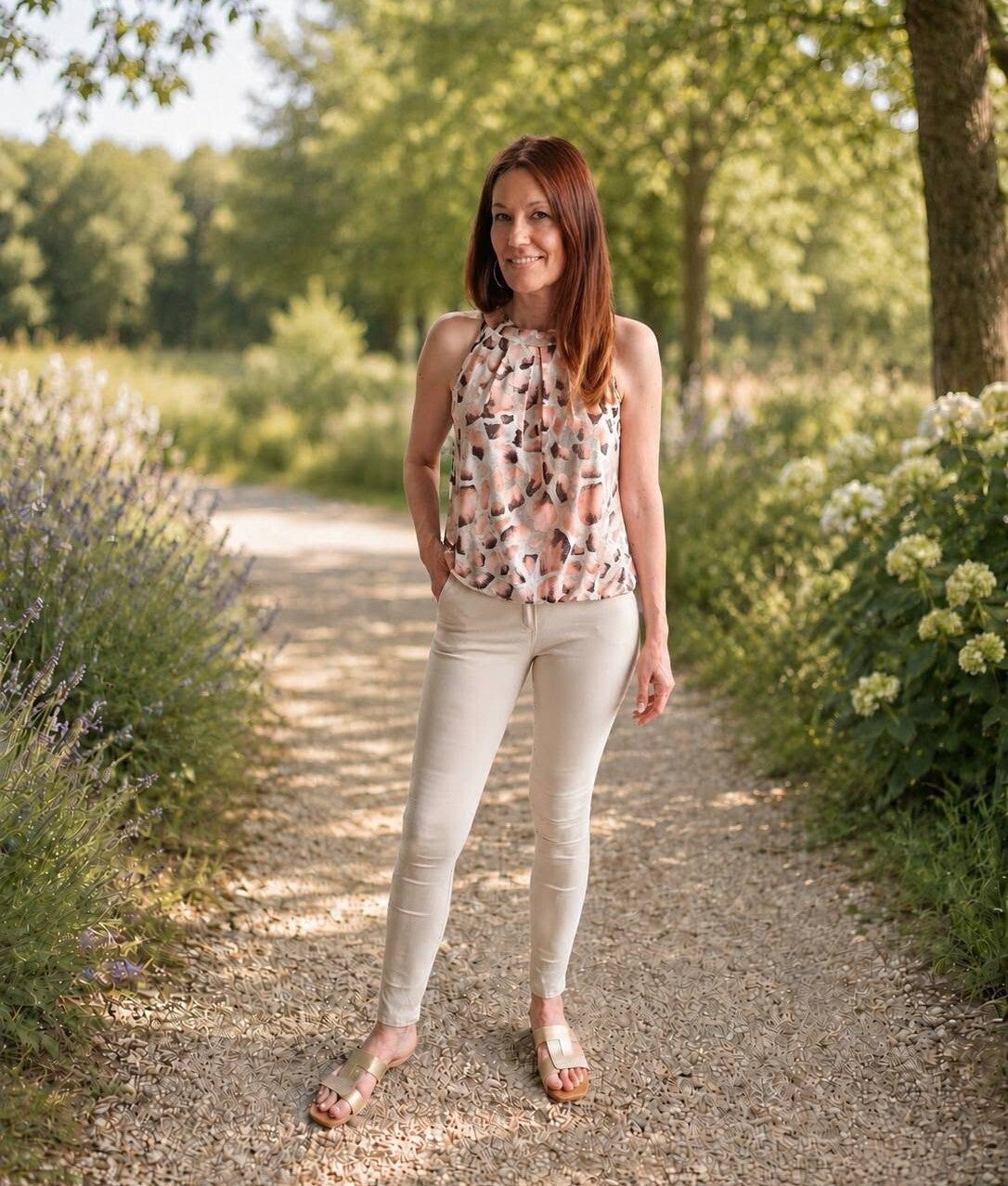 Haltertop travelstof met print zalm/beige