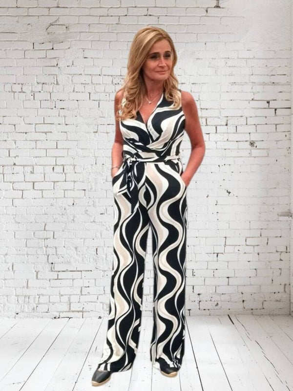 Jumpsuit travelstof print zwart/wit