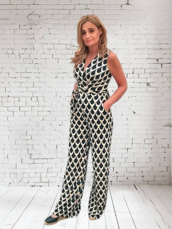 Jumpsuit travelstof zwart/zand