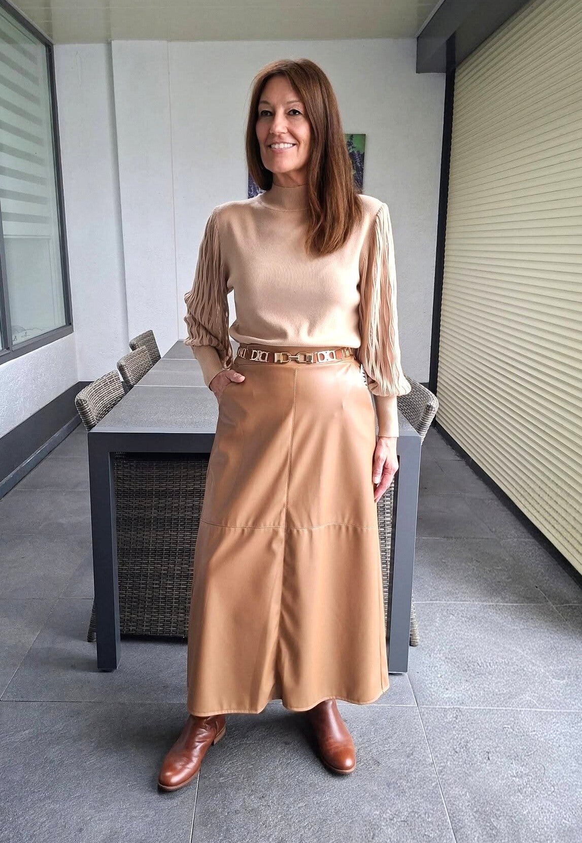 Trui met opengewerkte mesh mouwen Nala camel