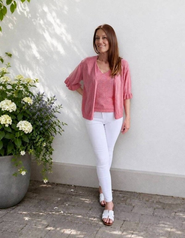 Lurex vest van Triple Nine met 3/4 mouw en ruffles koraal
