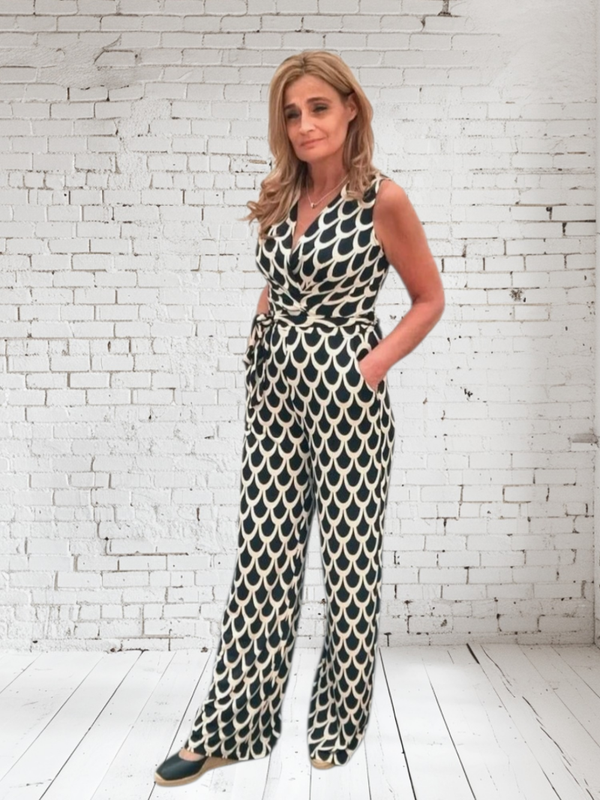 Jumpsuit travelstof zwart/zand