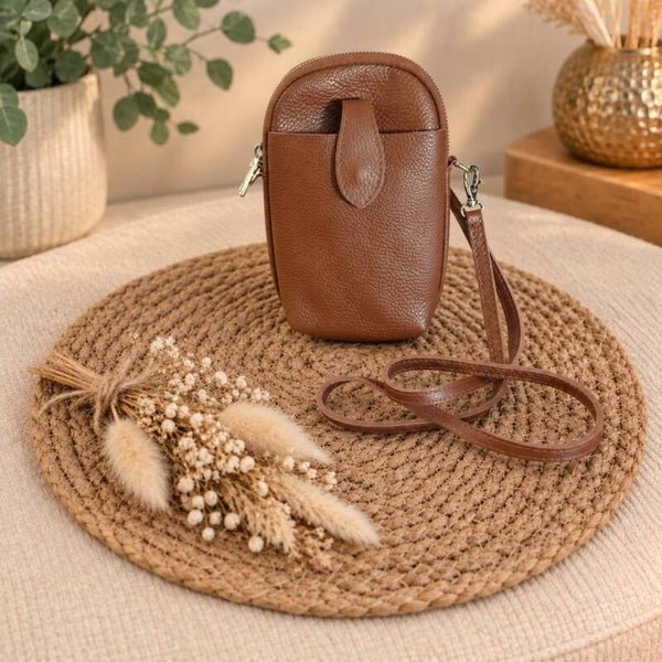 Leren telefoontasje crossbody camel met zilveren rits