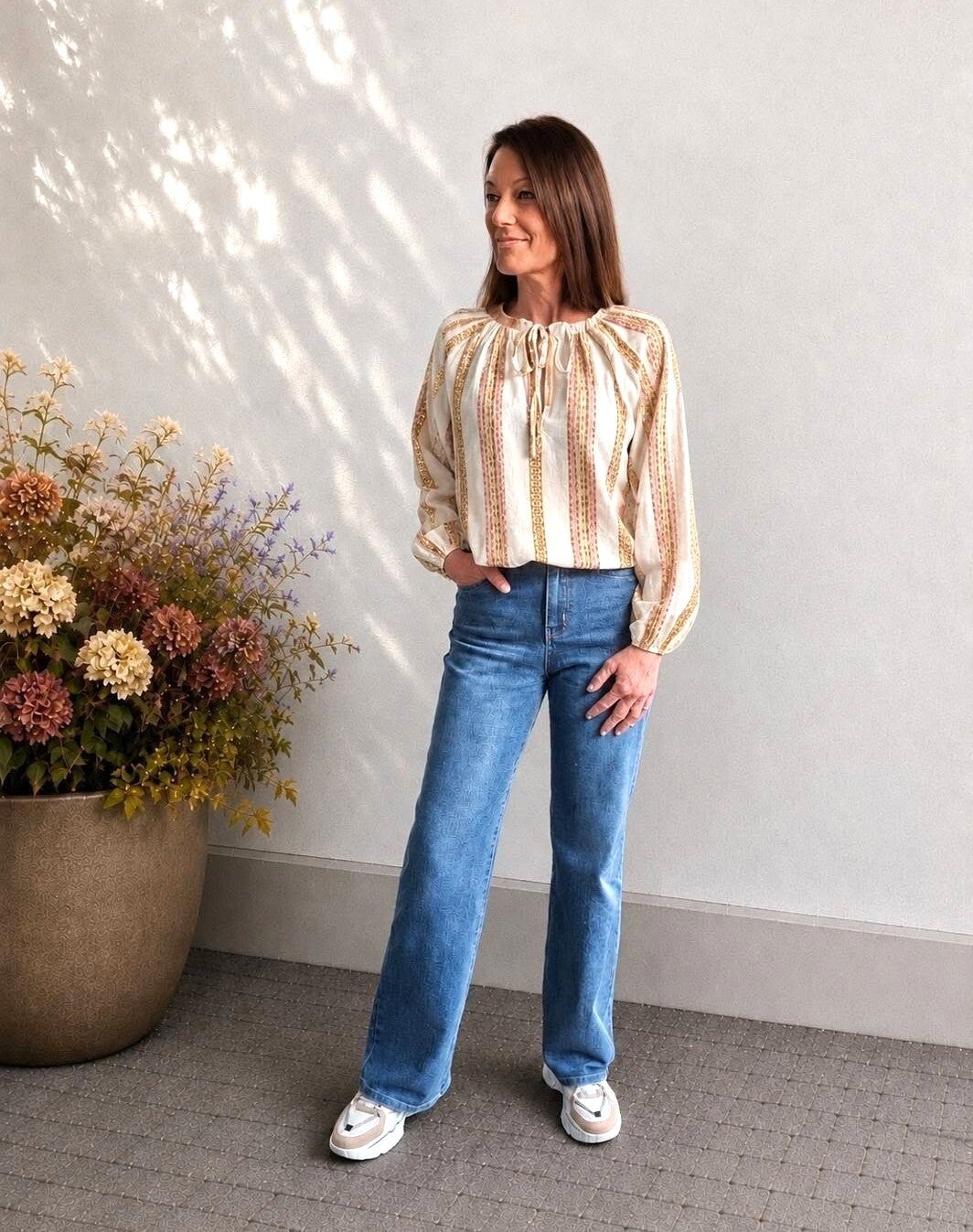 Triple Nine blouse met streepprint camel/roze/goud