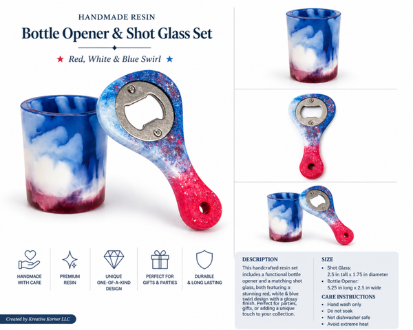 Handmade Resin Bottle Opener & Shot Glass Set – Red, White & Blue Swirl