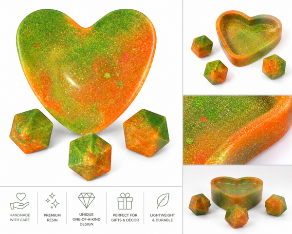 Handmade Resin Heart Trinket Dish Set – Glitter Ombre with Matching Gems