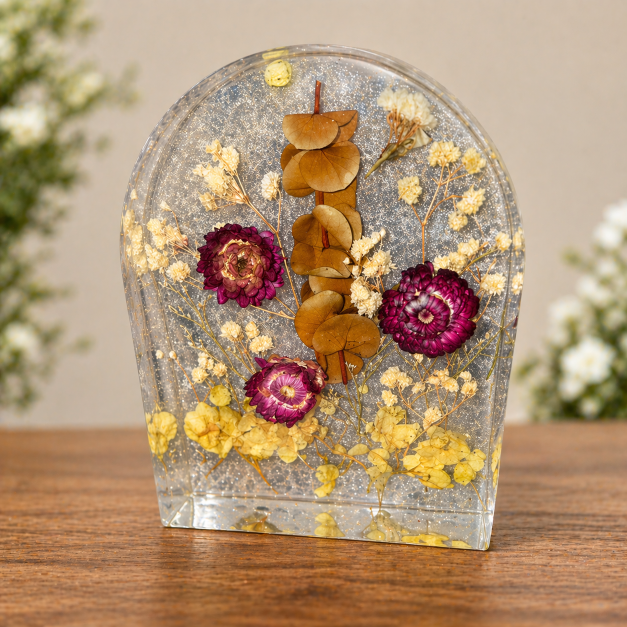 Handmade Resin Floral Keepsake - Pressed Flower Resin Arch – Botanical Display Piece