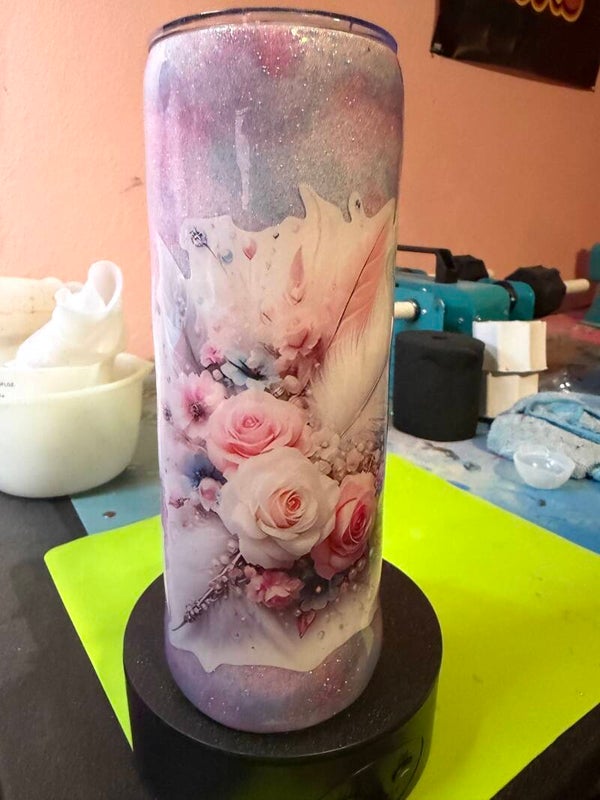 Pink Rose & Feather Glitter Tumbler
