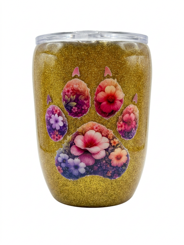 Floral Paw Print Glitter Tumbler