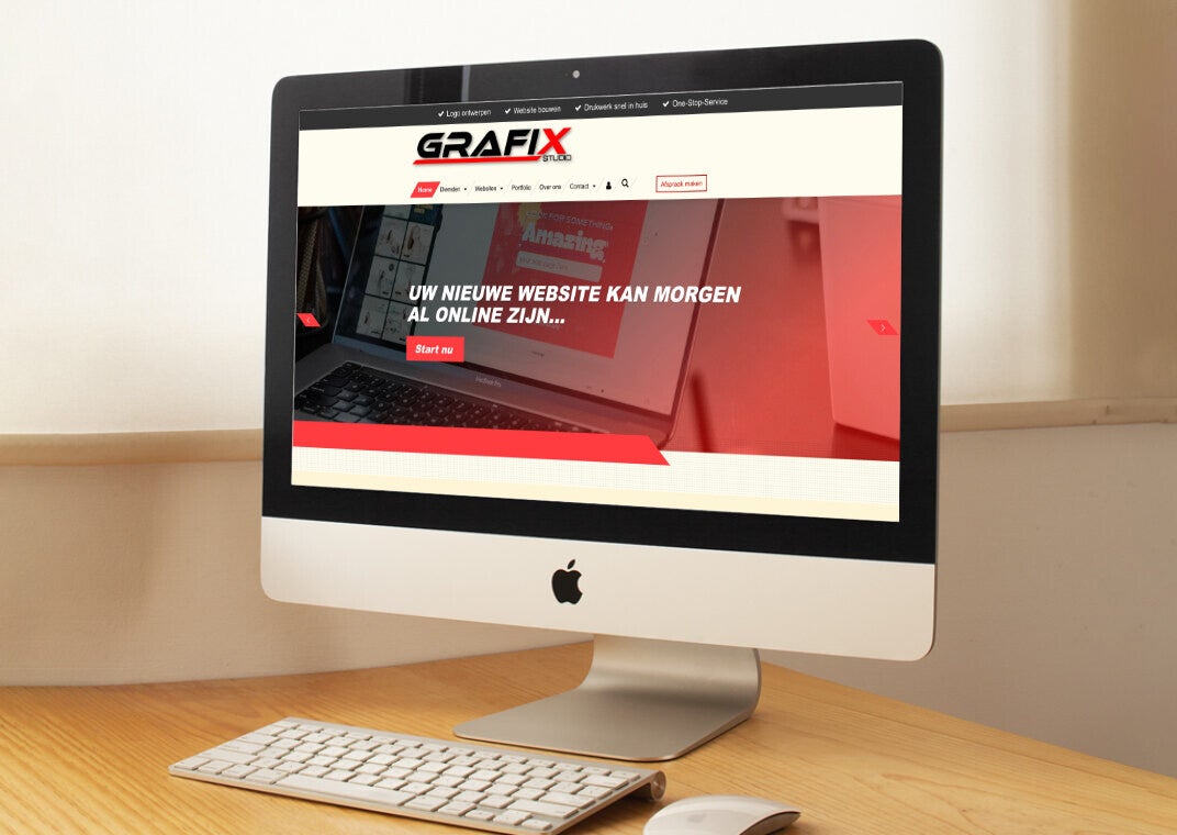 Afbeelding van iMac met op het scherm een representatie van de website van Grafix Studio