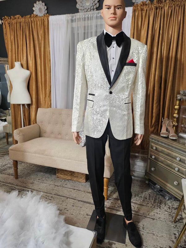 Soft White & Damask Jacquard Tuxedo Jacket & Pants