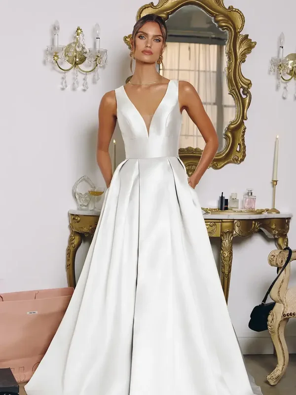 Deep V-Neckline Mikado Bridal Gown