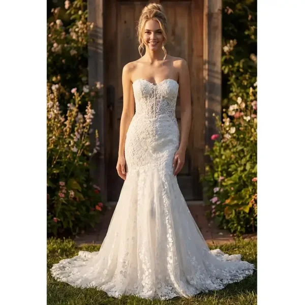 Strapless Lace Mermaid Gown with Flared Hem