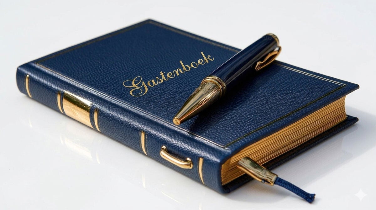 Blauw gastenboek met gouden letters en een bijpassende pen op een witte achtergrond - Varadi Ensemble
