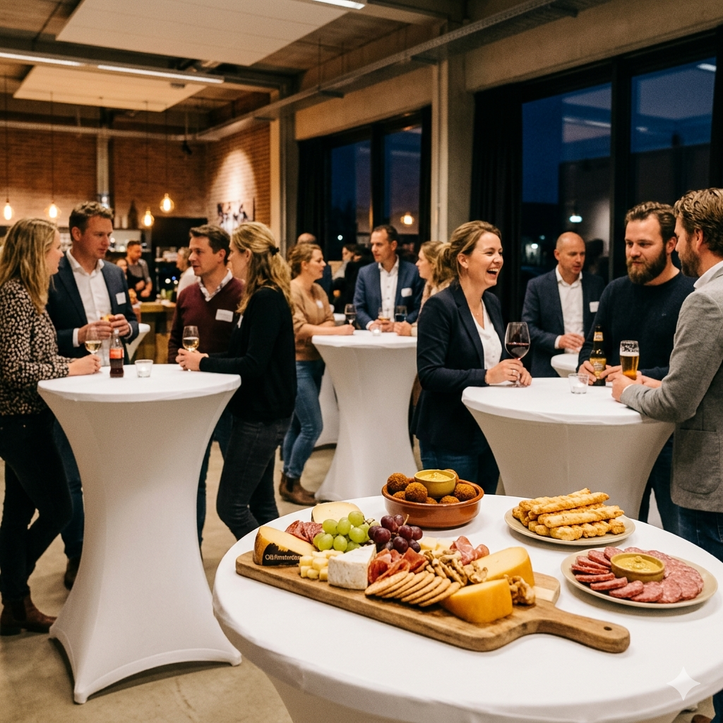 Sfeervolle bedrijfsborrel met live muziek en borrelhapjes in een zakelijke setting – Varadi Ensemble
