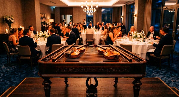 Een bruiloftsdiner met de bruiloftsgasten in een elegante hotelrestaurant  met in het midden een cimbaal waarop twee violen liggen.