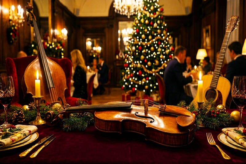 Sfeervolle live muziek met instrumenten in een elegante restaurantsfeer tijdens de feestdagen met Varadi Ensemble